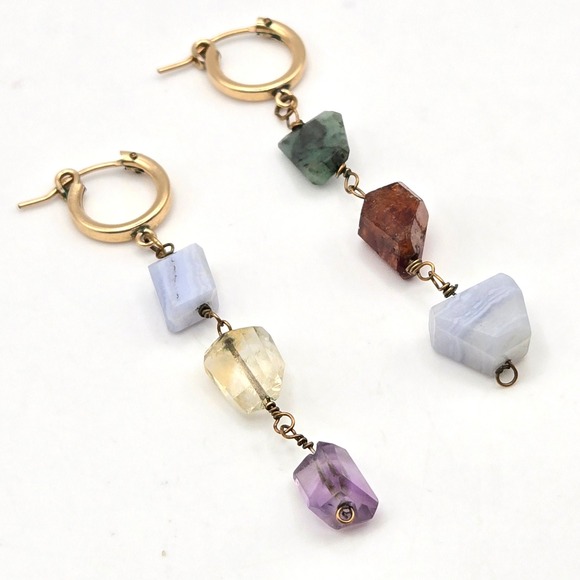 Jewelry - Raw Gemstone Dangle Hoop Earrings Amethyst Quartz Agate Gold Tone Mismatched